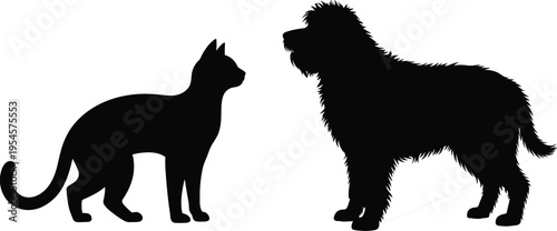Dog and cat silhouettes facing each other isolated on white background, domestic pet friendship concept, minimalist black vector illustration for animal, home, and family design projects
