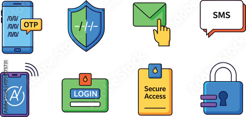 Two Factor Authentication and Secure Login Vector Icon Set Featuring OTP Verification, SMS Code, Email Access, Mobile Security, and Digital Protection Illustration