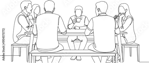 Continuous line drawing of diverse people meeting at a cafe table, enjoying drinks