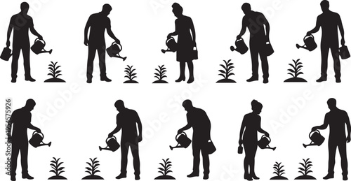 Silhouette of a man watering plants in various positions