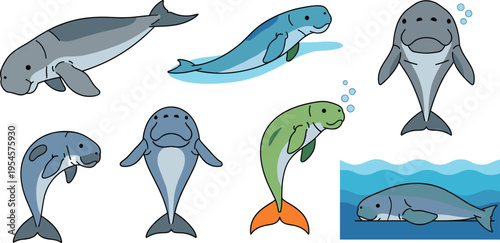Cute Manatee Cartoon Vector Set Featuring Sea Cow Characters, Marine Mammals, Underwater Wildlife, Swimming Poses, and Adorable Ocean Animal Illustration Collection