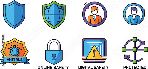 Cyber Security and Data Protection Vector Icon Set Featuring Shield, Antivirus, Online Safety, Digital Security Warning, and Network Protection Illustration
