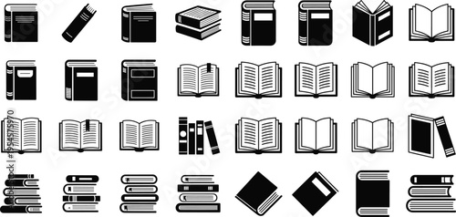 Various open and closed books in stacks and individually