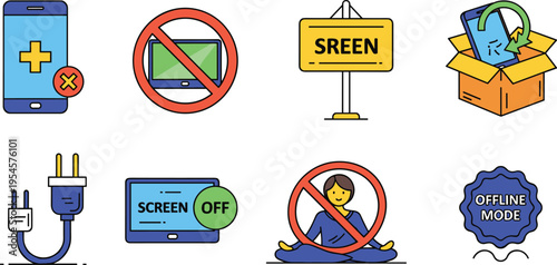 Digital Detox and Screen Time Control Vector Icon Set Featuring No Screen Signs, Offline Mode, Device Restriction, and Healthy Technology Usage Illustration