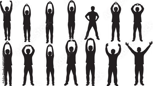 Silhouettes of people in various poses and movements together