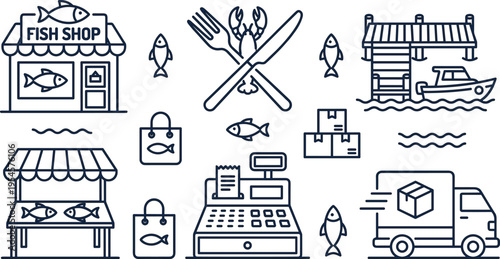 Fish Market and Seafood Shop Line Icons Set with Store, Delivery, Boat and Fresh Fish Elements