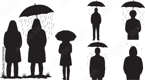 Silhouettes of people standing in the rain with umbrellas