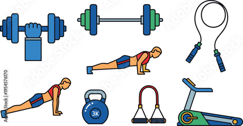 Fitness Gym Equipment and Exercise Vector Set Featuring Dumbbells, Push Up Workout, Kettlebell, Jump Rope, Resistance Bands, and Cardio Machine Illustration