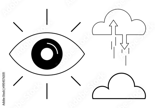Vision concept. Vision connects data transfer ideas with technology symbols, including an eye, cloud, and upward-downward arrows. Vision for digital storage, surveillance, innovation, connectivity