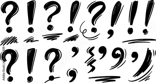 Hand Drawn Brush Punctuation Marks Set with Question, Exclamation and Ink Stroke Symbols