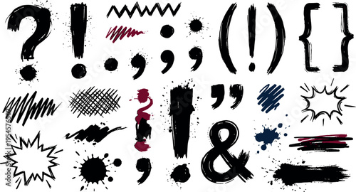 Grunge Hand Drawn Symbols Set with Punctuation Marks, Ink Splashes and Abstract Brush Elements
