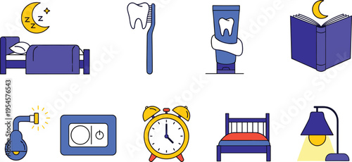 Night Routine and Bedtime Vector Set Featuring Sleep Icons, Tooth Brushing, Alarm Clock, Bed, Reading Book, and Evening Lifestyle Illustration Collection