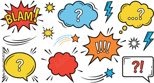 Comic Speech Bubbles Set with Exclamation, Question Marks, Stars and Pop Art Burst Effects