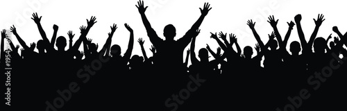 Crowd silhouette people cheering, unity celebration group, raised arms protest illustration, energetic audience artwork, social gathering design, flat vector illustration