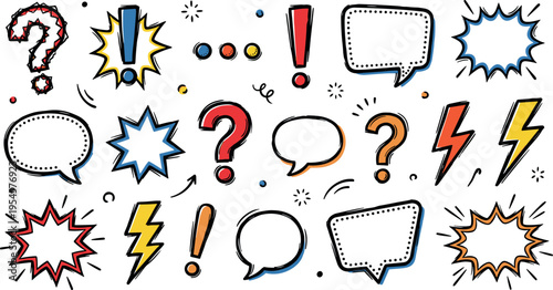 Comic Speech Bubble and Symbols Set with Question Marks, Lightning, Exclamation and Pop Art Effects