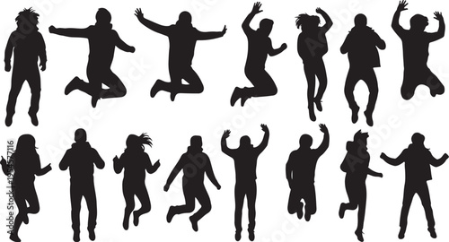 Silhouettes of people jumping in various joyful happy poses