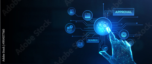 Wallpaper Mural Digital Approval Concept: A futuristic hand interacting with an abstract digital interface, activating an approval function. It represents technology's integration with the human touch. Torontodigital.ca