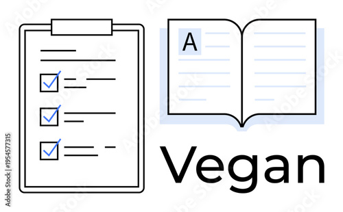 Veganism, education, vegan lifestyle, plant-based diet, ethical living, sustainability. Checklist with completed tasks and open book with text. Vegan lifestyle and education concept