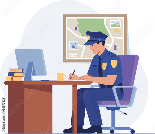 Police officer working at desk illustration, law enforcement workplace, crime investigation planning, security service, professional officer office scene