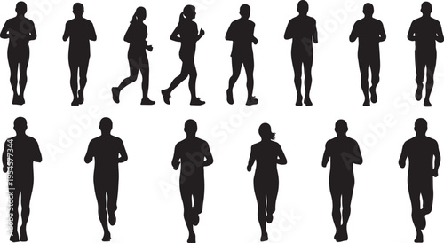Silhouettes of people running in various poses and styles