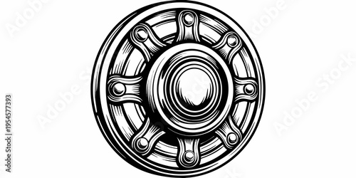 Ornate Steel Hubcap Illustration - Vintage Classic Car Wheel Rim Automotive Chrome Sketch