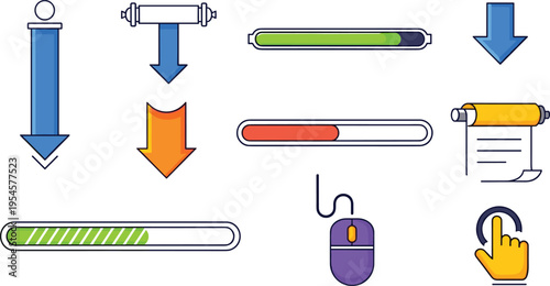 Progress Bar and Scroll Indicator Vector Set Featuring Loading Bars, Download Arrows, UI Elements, Mouse Scroll Icon, and Digital Interface Illustration Design