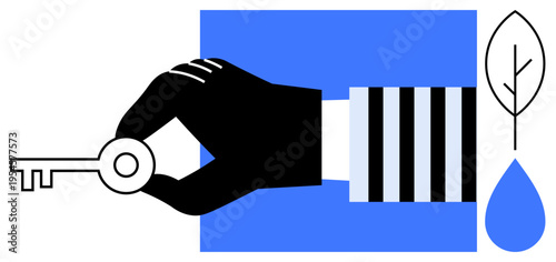 Sustainability, eco-conscious living, environmental protection, ethical responsibility, renewable resources, ecological solutions. A black hand holding a key beside a leaf and water droplet