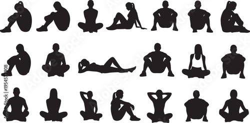 Silhouettes of people in various yoga poses and stretches