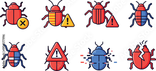 Software Bug and Error Vector Icon Set Featuring Virus Warning, Debugging Issues, System Failure, Malware Alerts, and Technical Problem Illustration for Development Design