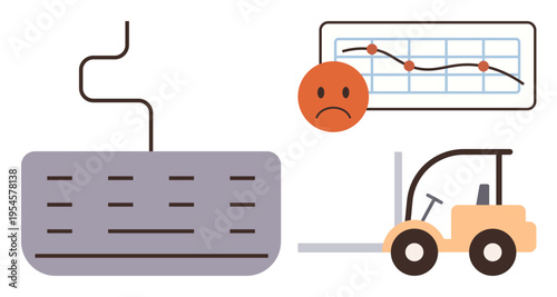 Economic challenges, business performance, logistics impact, declining trends, workplace issues, industry analysis. A keyboard, graph with a sad face and forklift are . Economic challenges
