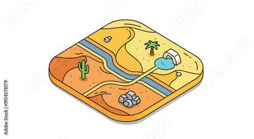 Isometric desert landscape vector illustration with river, oasis, palm tree, cactus, rocks, and sand dunes for environmental or travel designs isolated PNG with Transparent Background