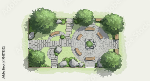 Top-down vector illustration of a modern garden landscape design with stone paths, green lawn, trees, benches, and a central fire pit area, ideal for architectural plans and outdoor living