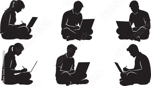 Silhouettes of people using laptops in different sitting positions