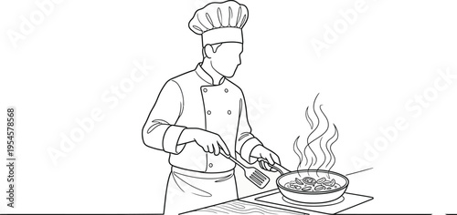 Chef cooking in kitchen with frying pan on stove preparing meal with utensil culinary skills in action