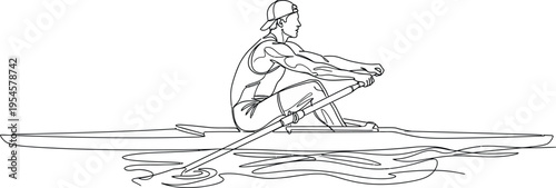 Person rowing boat on water with oars in a dynamic motion creating ripples in a serene aquatic environment