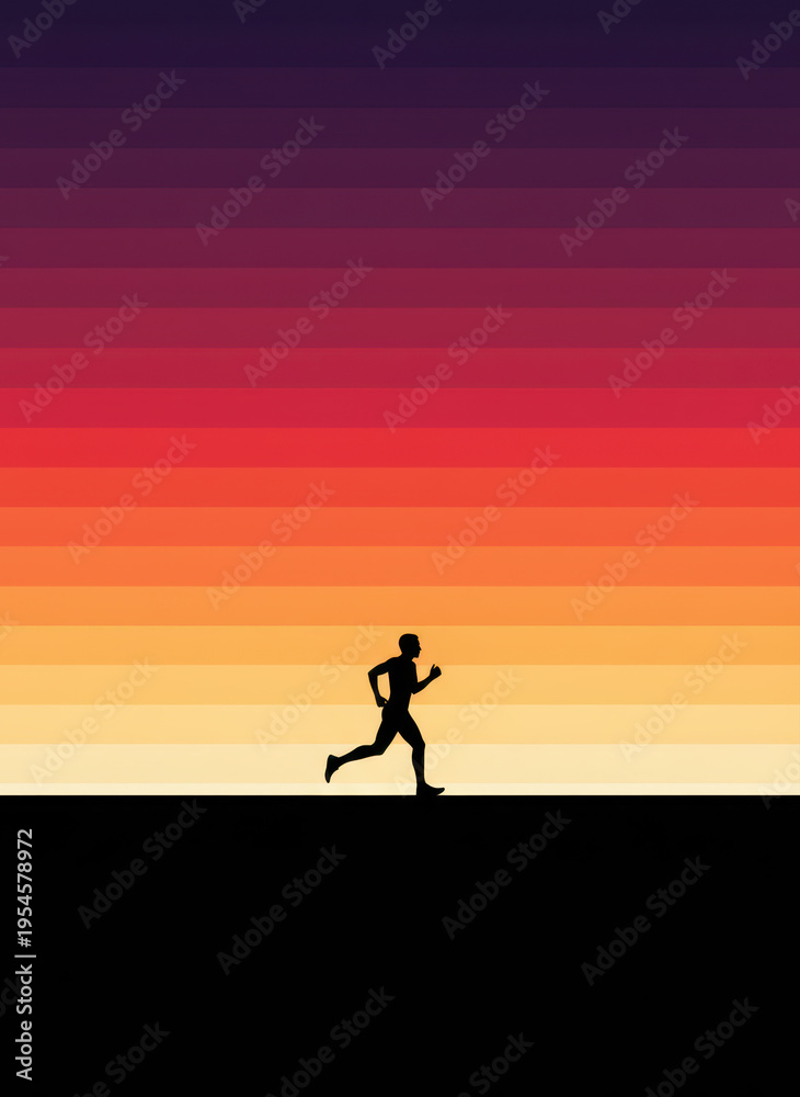 Fototapeta premium Silhouette of a Man Running at Sunset Illustration with Minimalist Retro Gradient Background and Copy Space