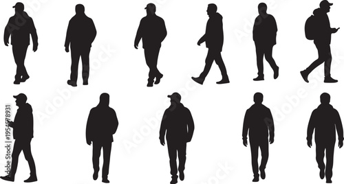 Silhouettes of a man in various walking poses vector