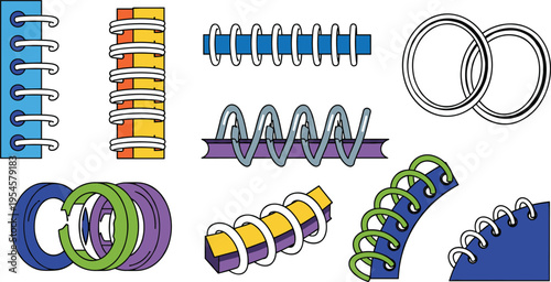 Spiral Binding and Notebook Coil Vector Set Featuring Metal Rings, Wire Spirals, Book Binding Elements, and Stationery Illustration Collection for Office Design