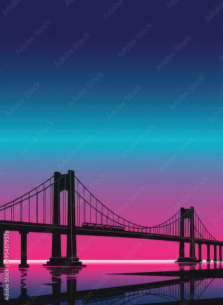 Fototapeta premium Minimalist Vector Illustration of a Suspension Bridge Silhouette with Train at Sunset, Retro Synthwave Style Background with Pink and Blue Gradient Sky and Water Reflection