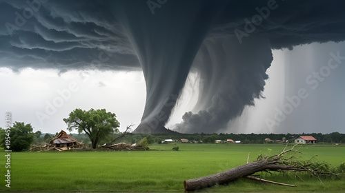 Tornado sweeping through a rural landscape uprooting trees and destroying buildings extreme weather