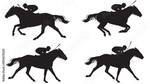 Horses and jockeys in silhouette, captured mid-gallop with dynamic poses and flowing manes, perfect for sporting themes.