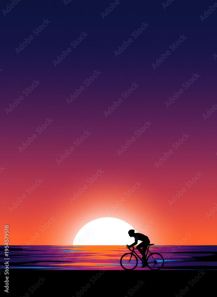 Fototapeta premium Minimalist Silhouette Illustration of a Cyclist Riding a Road Bike at Sunset Over the Ocean, Vibrant Purple and Orange Gradient Sky Background with Copy Space