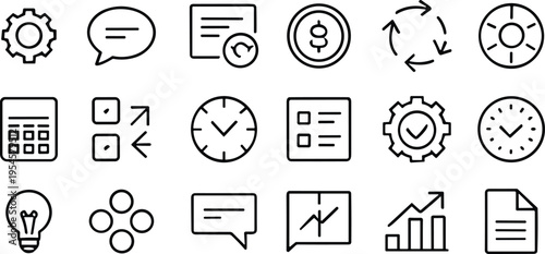 Set of modern business and office related line icons with cogwheel, speech bubble, document, coin, and clock