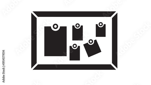 Bulletin board icon with attached notes and pins, representing reminders and information display in a minimalist style.