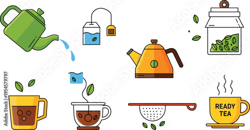 Tea Brewing and Beverage Vector Set Featuring Teapot, Teacup, Tea Leaves, Infuser, Kettle, and Herbal Drink Preparation Illustration Collection