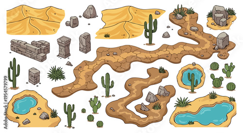 Desert Landscape Game Elements Vector Set: Sand Dunes, Dirt Roads, Cacti, Rocks, and Oasis Ponds for Adventure Game Design and Map Creation isolated PNG with Transparent Background