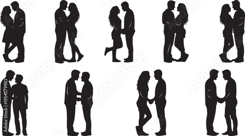 Silhouettes of couples in various romantic poses and outfits