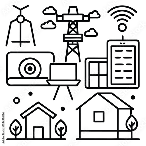 Modern tech and architecture icons showcasing the interconnectedness of contemporary living in a clean, illustrative style.