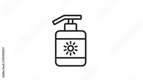 Bottle dispenser with sun icon and spray pump, representing sunscreen or lotion for skin protection.
