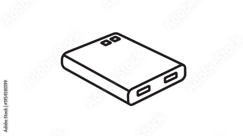 Power bank device with two ports and indicator lights, black line illustration icon on white background.